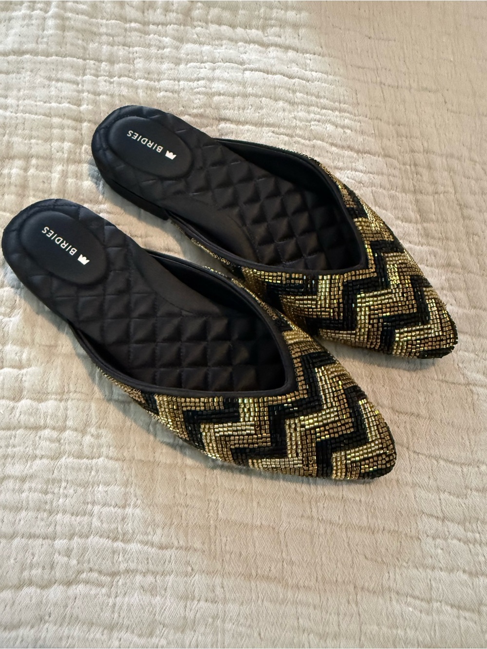 Birdies Gold & Black Beaded Pointed-Toe Mules NWOT 1500